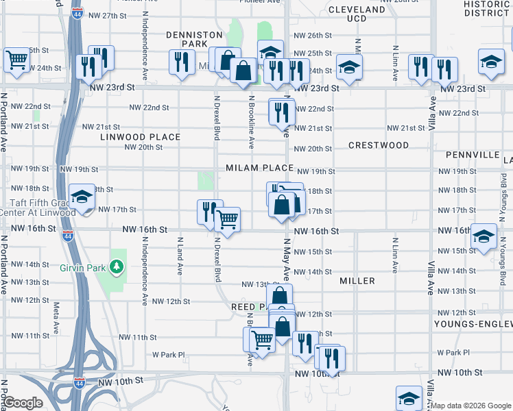 map of restaurants, bars, coffee shops, grocery stores, and more near 2937 Northwest 17th Street in Oklahoma City