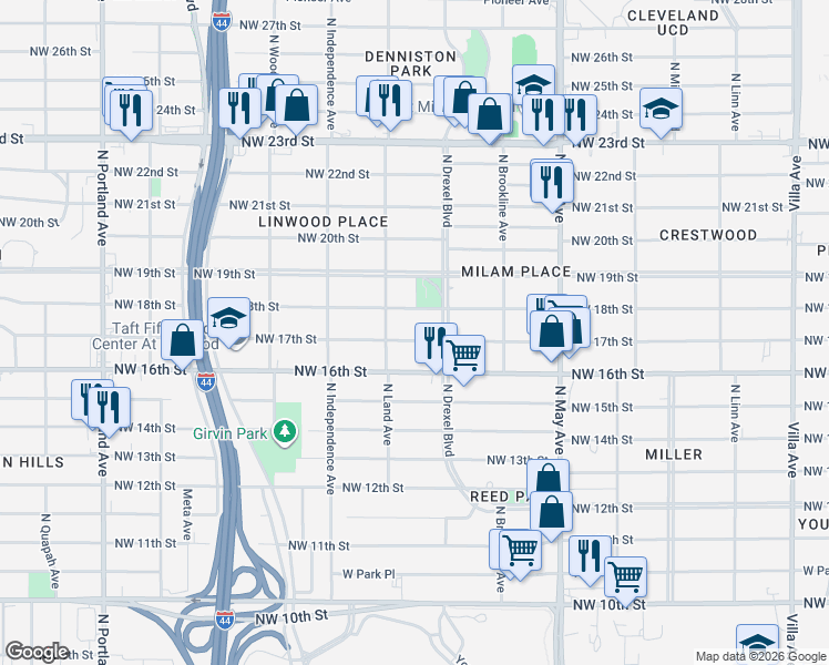 map of restaurants, bars, coffee shops, grocery stores, and more near 3133 Northwest 17th Street in Oklahoma City