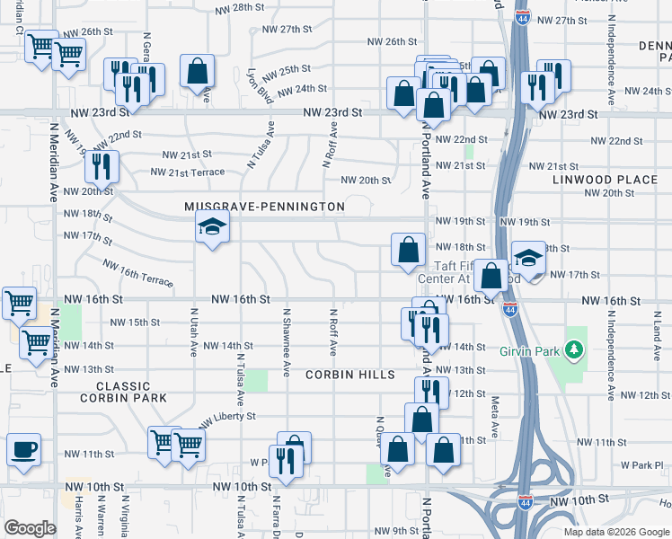 map of restaurants, bars, coffee shops, grocery stores, and more near 1721 Manor Drive in Oklahoma City