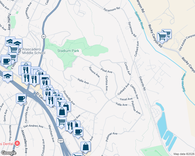 map of restaurants, bars, coffee shops, grocery stores, and more near 7405 Valle Avenue in Atascadero
