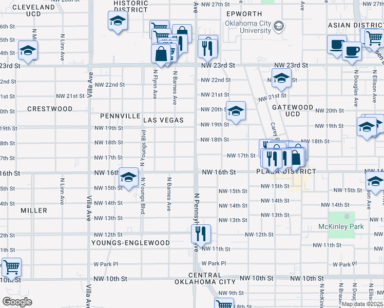 map of restaurants, bars, coffee shops, grocery stores, and more near 2101 Northwest 17th Street in Oklahoma City