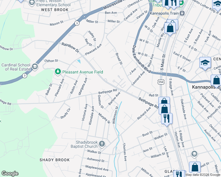 map of restaurants, bars, coffee shops, grocery stores, and more near 606 Bethpage Road in Kannapolis