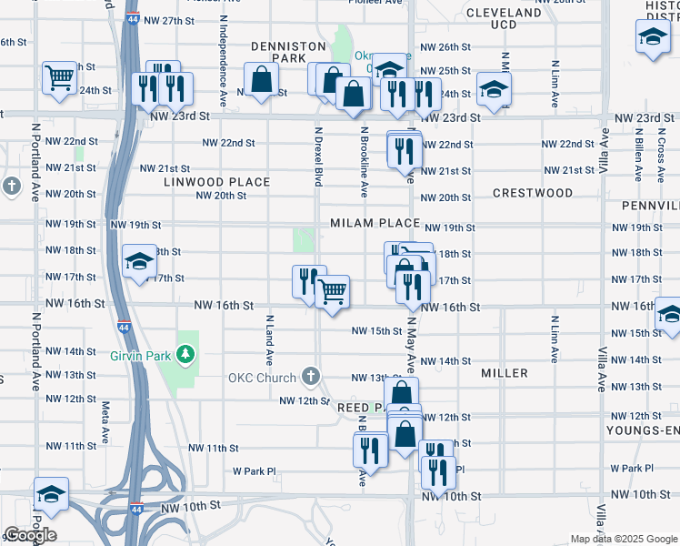 map of restaurants, bars, coffee shops, grocery stores, and more near 3025 NW 17th St in Oklahoma City