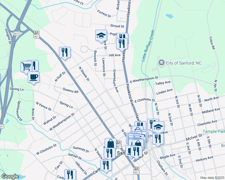 map of restaurants, bars, coffee shops, grocery stores, and more near 106 East Weatherspoon Street in Sanford