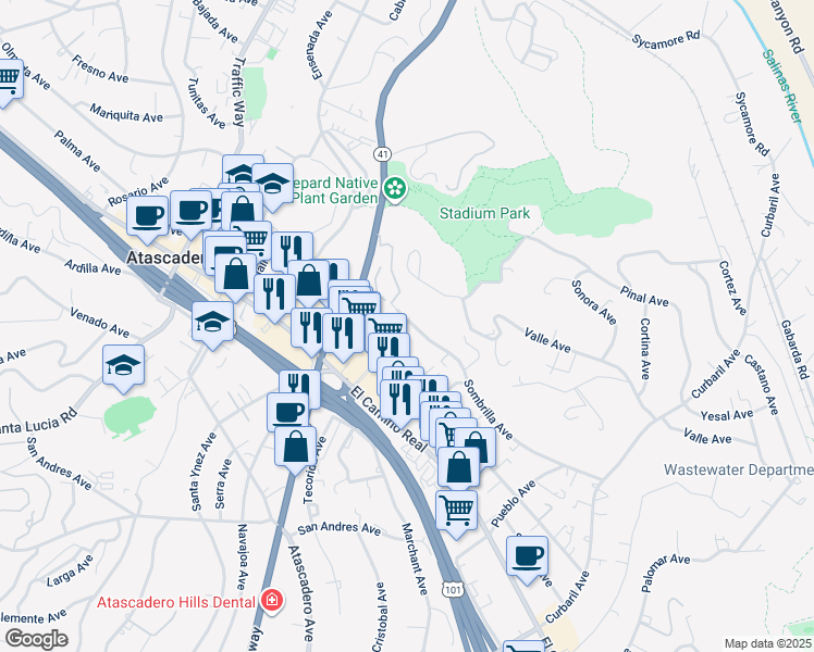 map of restaurants, bars, coffee shops, grocery stores, and more near 7130 Sombrilla Avenue in Atascadero