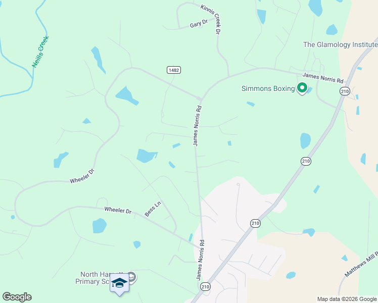 map of restaurants, bars, coffee shops, grocery stores, and more near 673 James Norris Road in Angier