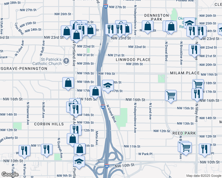 map of restaurants, bars, coffee shops, grocery stores, and more near 3423 Northwest 17th Street in Oklahoma City