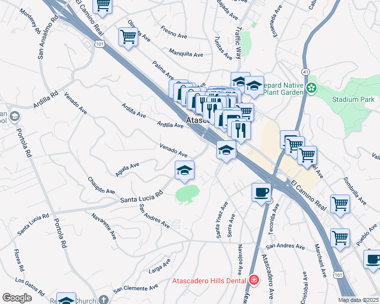 map of restaurants, bars, coffee shops, grocery stores, and more near 5905 Venado Avenue in Atascadero
