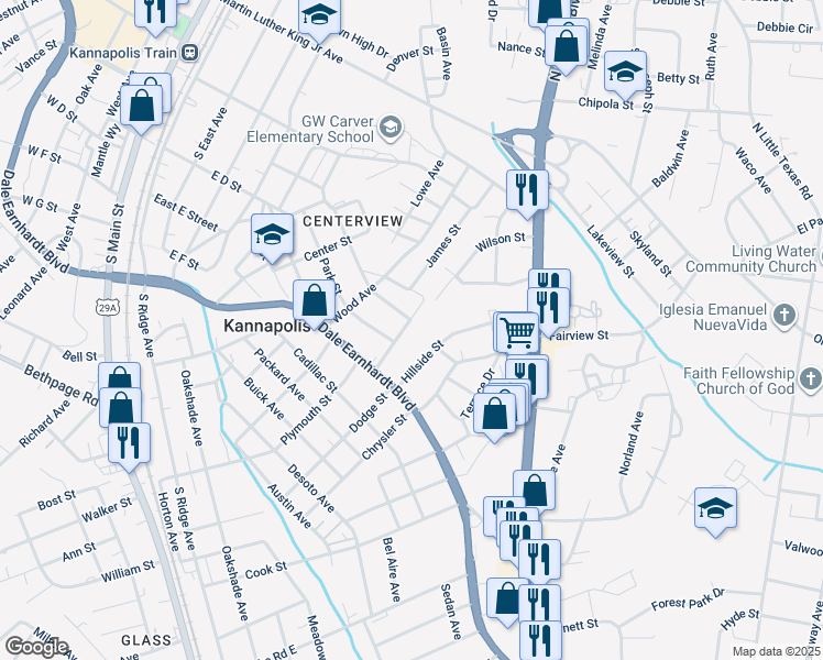 map of restaurants, bars, coffee shops, grocery stores, and more near 616 Laundry Street in Kannapolis