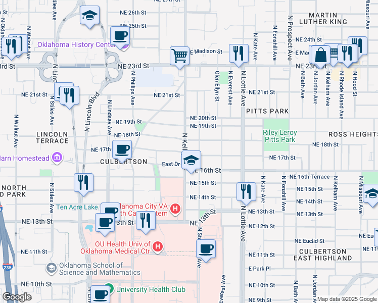 map of restaurants, bars, coffee shops, grocery stores, and more near 1005 Northeast 17th Street in Oklahoma City