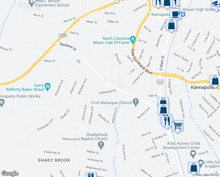 map of restaurants, bars, coffee shops, grocery stores, and more near 606 Bethpage Road in Kannapolis