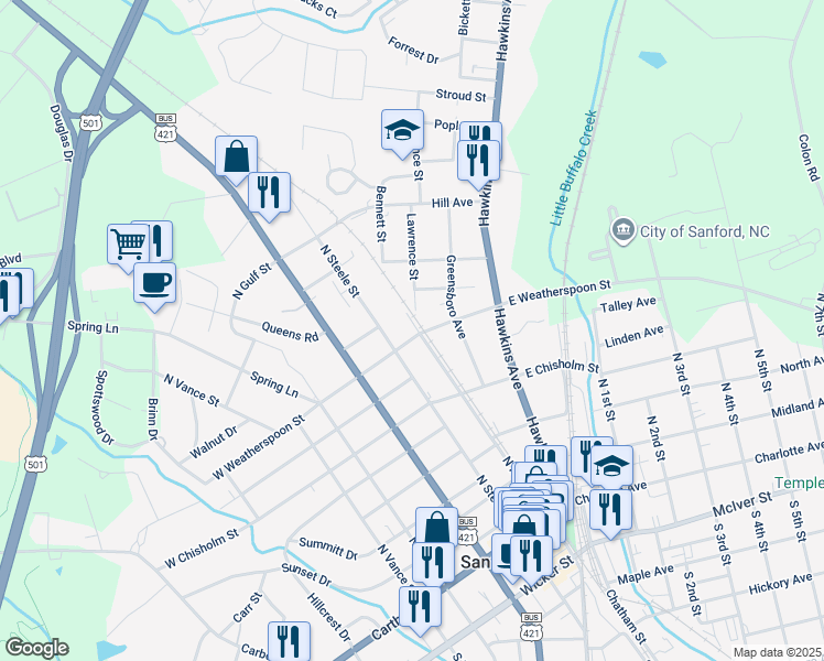 map of restaurants, bars, coffee shops, grocery stores, and more near 102 West Weatherspoon Street in Sanford