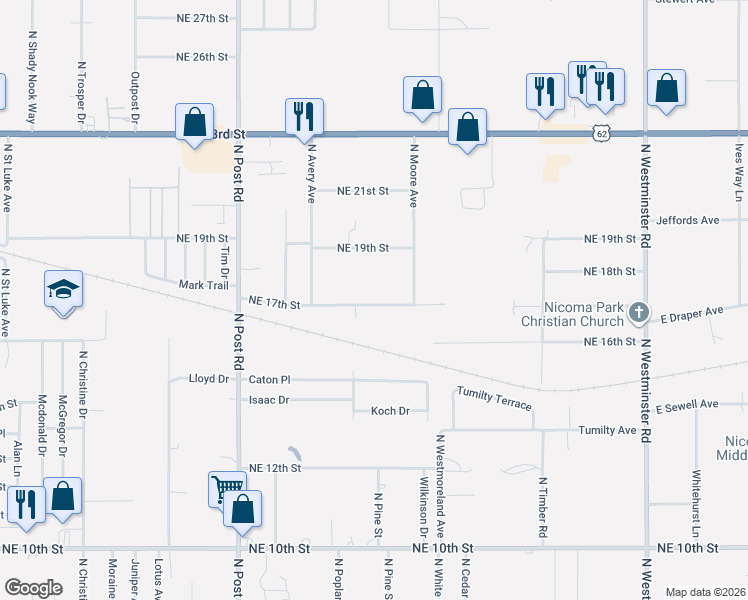 map of restaurants, bars, coffee shops, grocery stores, and more near 10313 Northeast 17th Street in Oklahoma City