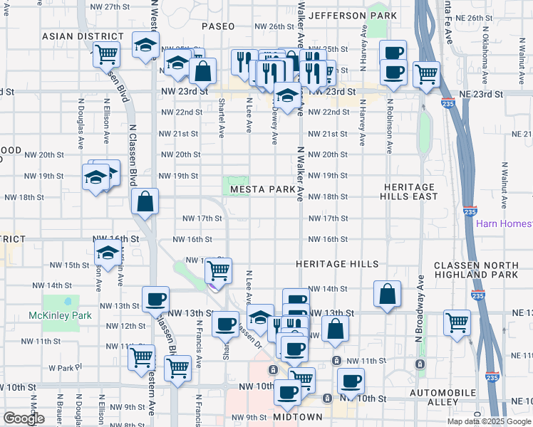 map of restaurants, bars, coffee shops, grocery stores, and more near 609 Northwest 17th Street in Oklahoma City