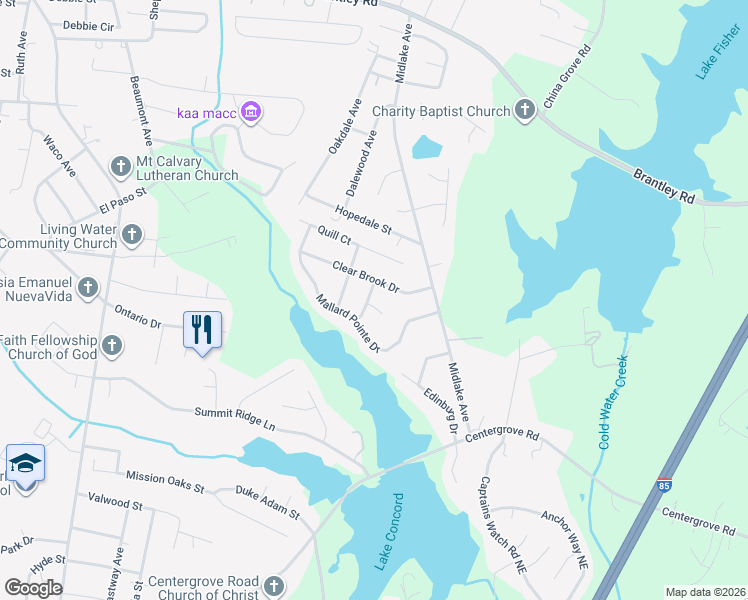 map of restaurants, bars, coffee shops, grocery stores, and more near 2103 Cool Springs Court in Kannapolis