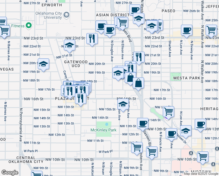 map of restaurants, bars, coffee shops, grocery stores, and more near 1407 Northwest 17th Street in Oklahoma City