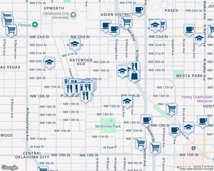 map of restaurants, bars, coffee shops, grocery stores, and more near 1501 1/2 Northwest 17th Street in Oklahoma City