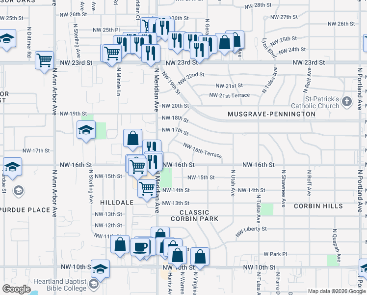 map of restaurants, bars, coffee shops, grocery stores, and more near 4409 Northwest 16th Place in Oklahoma City