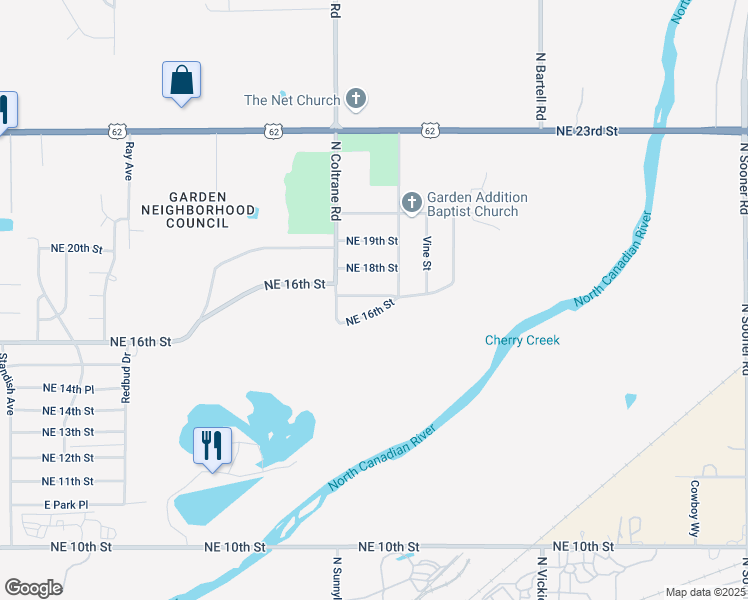 map of restaurants, bars, coffee shops, grocery stores, and more near 4238 Northeast 16th Terrace in Oklahoma City