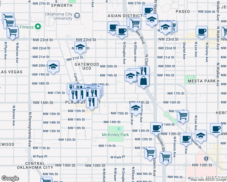 map of restaurants, bars, coffee shops, grocery stores, and more near 1505 Northwest 17th Street in Oklahoma City
