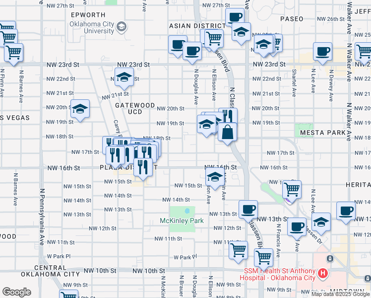 map of restaurants, bars, coffee shops, grocery stores, and more near 1508 Northwest 17th Street in Oklahoma City