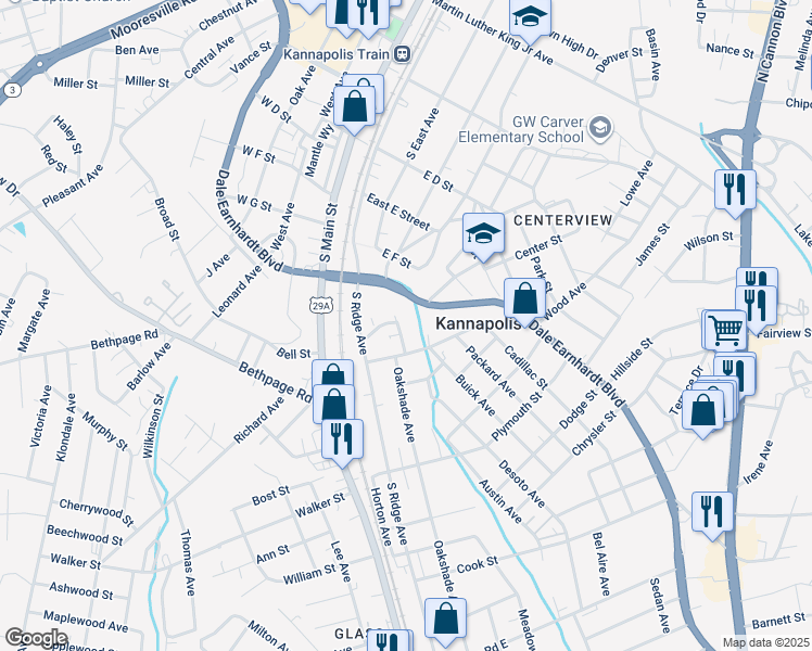 map of restaurants, bars, coffee shops, grocery stores, and more near 612 Oakshade Avenue in Kannapolis