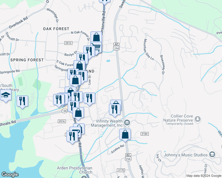 map of restaurants, bars, coffee shops, grocery stores, and more near 409 Carlyle Way in Asheville