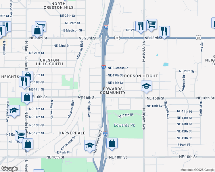 map of restaurants, bars, coffee shops, grocery stores, and more near 2621 Northeast 17th Street in Oklahoma City