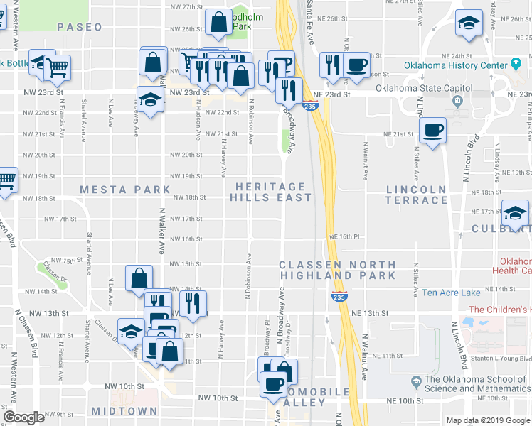 map of restaurants, bars, coffee shops, grocery stores, and more near 119 1/2 Northwest 17th Street in Oklahoma City
