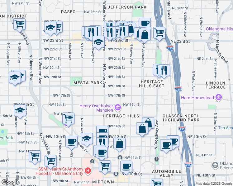 map of restaurants, bars, coffee shops, grocery stores, and more near 1715 North Hudson Avenue in Oklahoma City