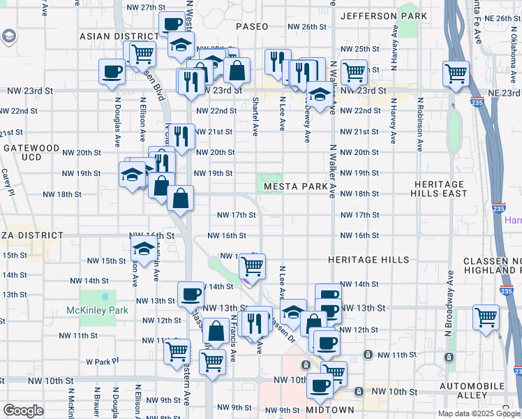 map of restaurants, bars, coffee shops, grocery stores, and more near 800 Northwest 17th Street in Oklahoma City