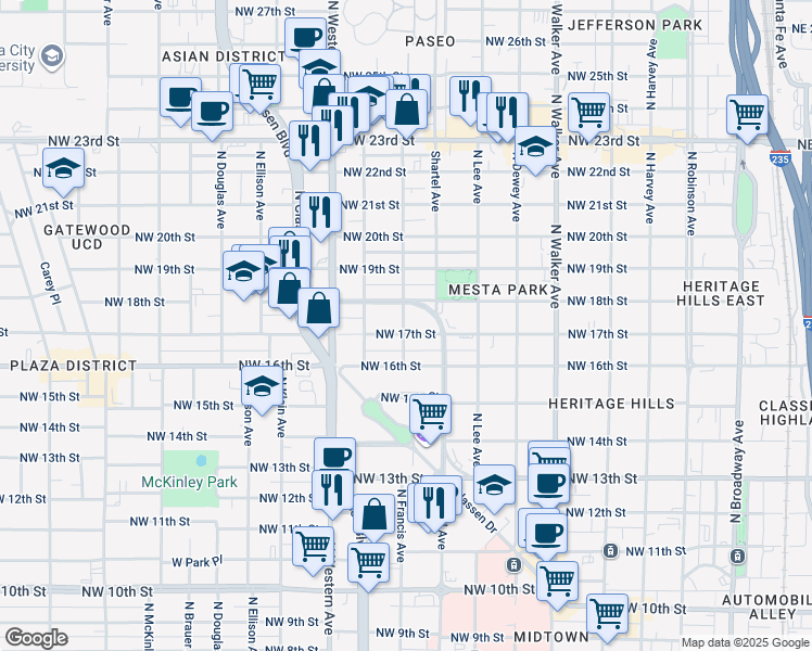 map of restaurants, bars, coffee shops, grocery stores, and more near 827 Northwest 17th Street in Oklahoma City