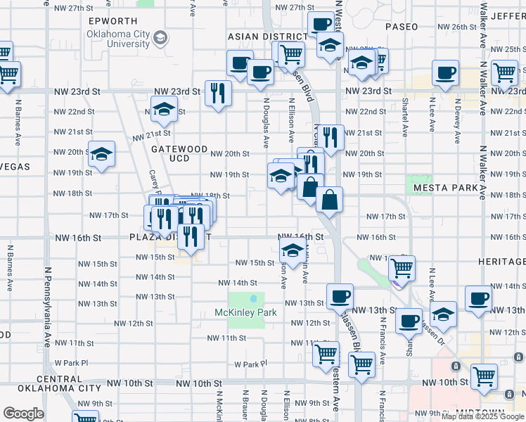 map of restaurants, bars, coffee shops, grocery stores, and more near 1407 Northwest 17th Street in Oklahoma City