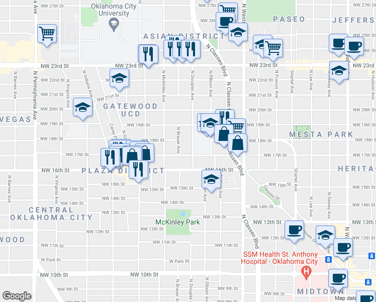 map of restaurants, bars, coffee shops, grocery stores, and more near 1407 Northwest 17th Street in Oklahoma City
