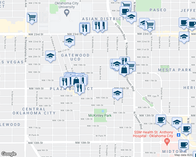 map of restaurants, bars, coffee shops, grocery stores, and more near 1508 Northwest 17th Street in Oklahoma City