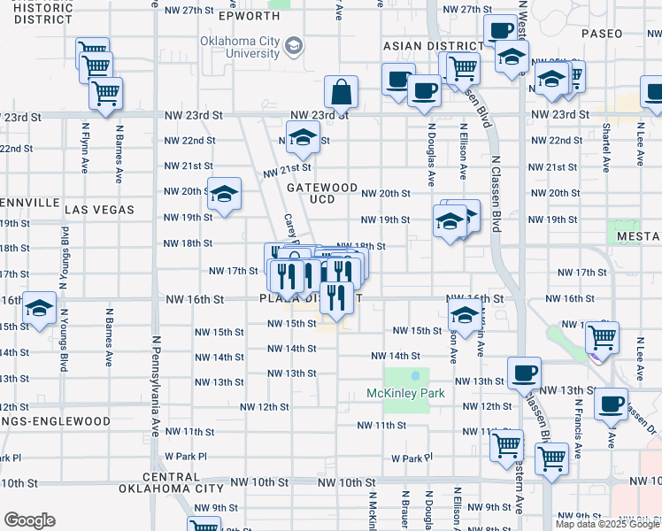 map of restaurants, bars, coffee shops, grocery stores, and more near 1708 Northwest 17th Street in Oklahoma City