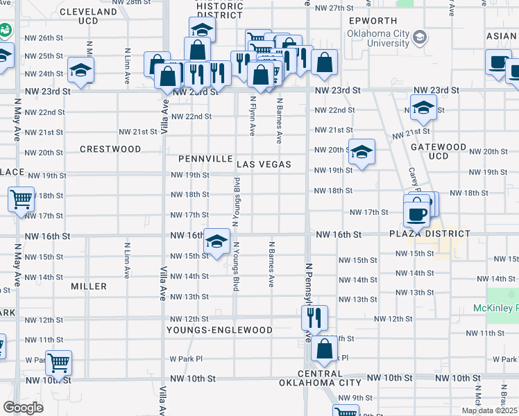 map of restaurants, bars, coffee shops, grocery stores, and more near 2231 Northwest 17th Street in Oklahoma City