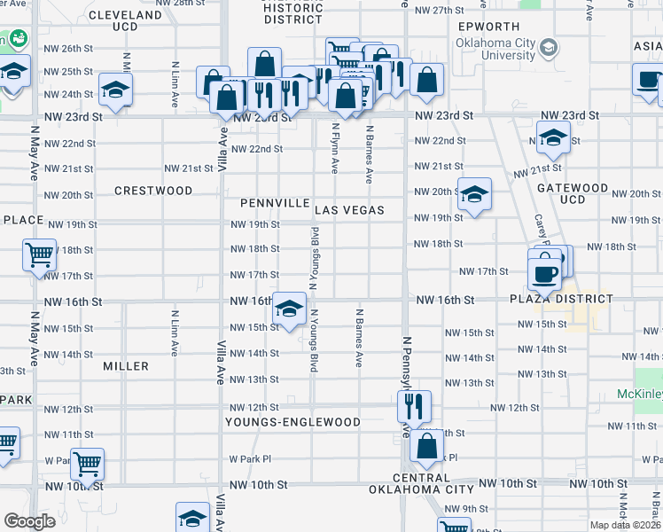 map of restaurants, bars, coffee shops, grocery stores, and more near 2231 Northwest 17th Street in Oklahoma City