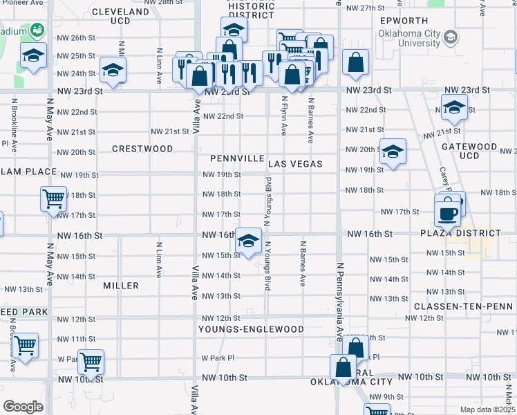 map of restaurants, bars, coffee shops, grocery stores, and more near 2307 Northwest 17th Street in Oklahoma City