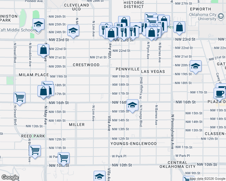 map of restaurants, bars, coffee shops, grocery stores, and more near 2413 Northwest 17th Street in Oklahoma City