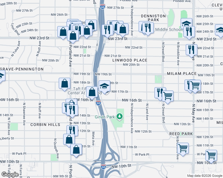 map of restaurants, bars, coffee shops, grocery stores, and more near 3423 Northwest 17th Street in Oklahoma City