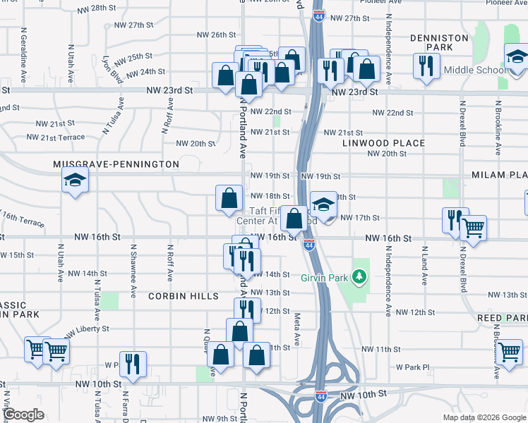 map of restaurants, bars, coffee shops, grocery stores, and more near 3616 Northwest 17th Street in Oklahoma City