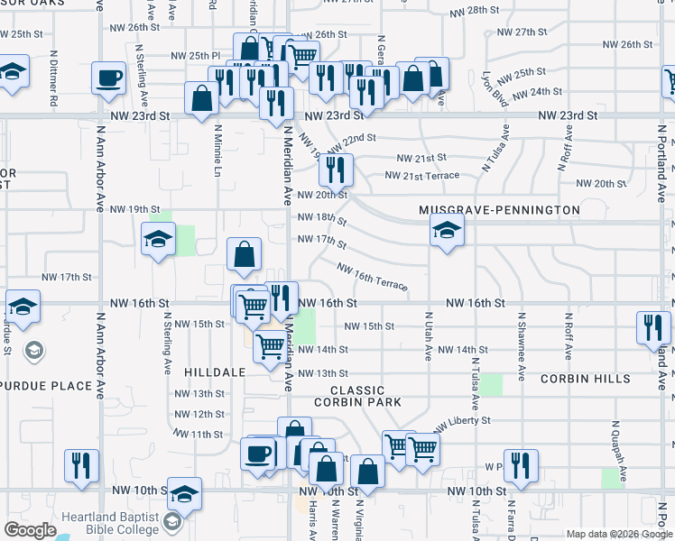 map of restaurants, bars, coffee shops, grocery stores, and more near 4409 Northwest 16th Place in Oklahoma City