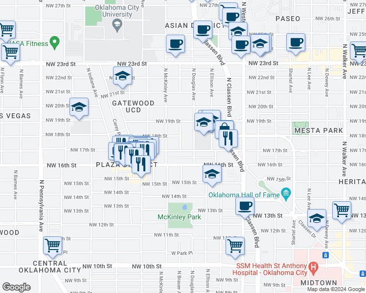 map of restaurants, bars, coffee shops, grocery stores, and more near 1419 Northwest 17th Street in Oklahoma City