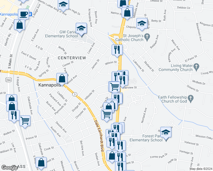 map of restaurants, bars, coffee shops, grocery stores, and more near 300 Dot Avenue in Kannapolis