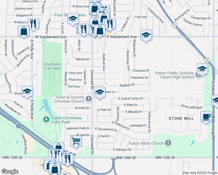 map of restaurants, bars, coffee shops, grocery stores, and more near 121 Chickasaw Lane in Yukon