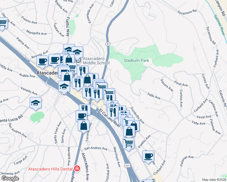 map of restaurants, bars, coffee shops, grocery stores, and more near 7124 Sombrilla Avenue in Atascadero