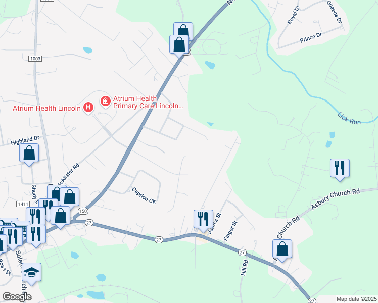 map of restaurants, bars, coffee shops, grocery stores, and more near 2519 Myra Lane in Lincolnton