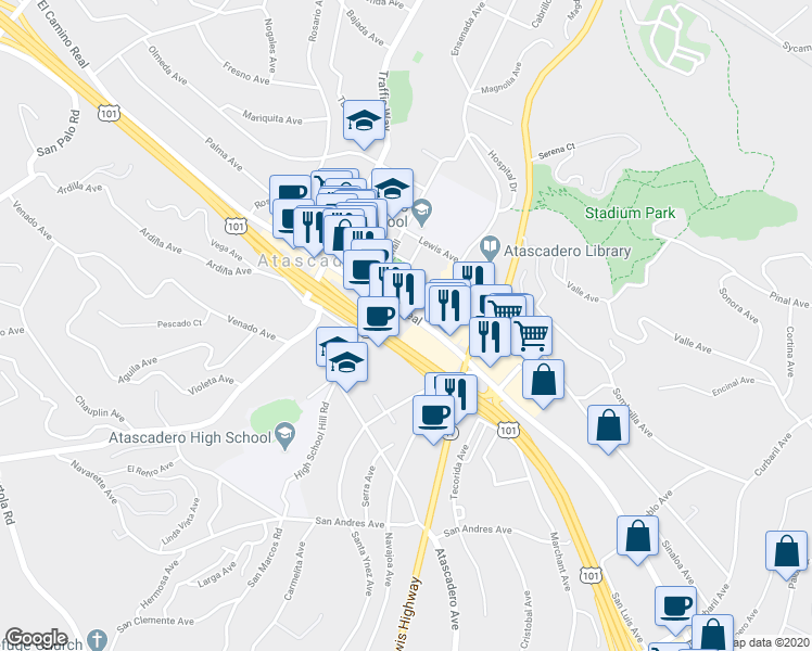 map of restaurants, bars, coffee shops, grocery stores, and more near 6900 El Camino Real in Atascadero