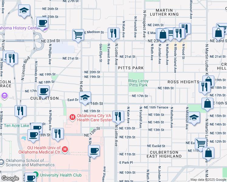 map of restaurants, bars, coffee shops, grocery stores, and more near 1801 North Lottie Avenue in Oklahoma City